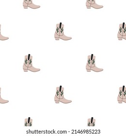 Cowboy boots with ornament seamless pattern. Wild west theme. Hand drawn colored trendy vector illustration on white background