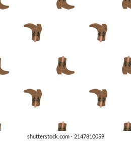 Cowboy boots with ornament seamless pattern. Wild west theme. Hand drawn colored trendy vector illustration on white background