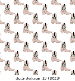 Cowboy boots with ornament seamless pattern. Wild west theme. Hand drawn colored trendy vector illustration on white background