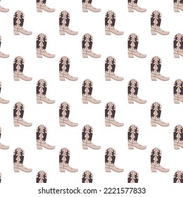 Cowboy boots with ornament seamless pattern. Wild west theme. Hand drawn colored trendy vector illustration on white background