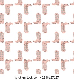 Cowboy boots with ornament seamless pattern. Wild west theme. Hand drawn colored trendy vector illustration on white background