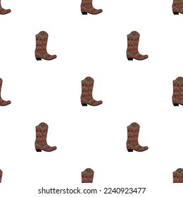Cowboy boots with ornament seamless pattern. Wild west theme. Hand drawn colored trendy vector illustration on white background