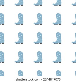 Cowboy boots with ornament seamless pattern. Wild west theme. Hand drawn colored trendy vector illustration on white background