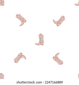 Cowboy boots with ornament seamless pattern. Wild west theme. Hand drawn colored trendy vector illustration on white background