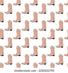 Cowboy boots with ornament seamless pattern. Wild west theme. Hand drawn colored trendy vector illustration on white background