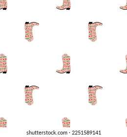 Cowboy boots with ornament seamless pattern. Wild west theme. Hand drawn colored trendy vector illustration on white background