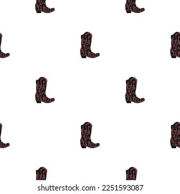 Cowboy boots with ornament seamless pattern. Wild west theme. Hand drawn colored trendy vector illustration on white background