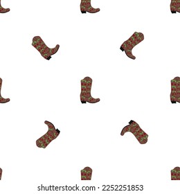 Cowboy boots with ornament seamless pattern. Wild west theme. Hand drawn colored trendy vector illustration on white background