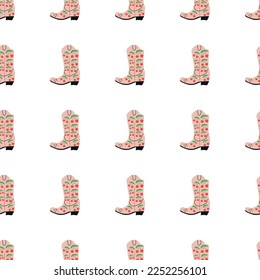 Cowboy boots with ornament seamless pattern. Wild west theme. Hand drawn colored trendy vector illustration on white background