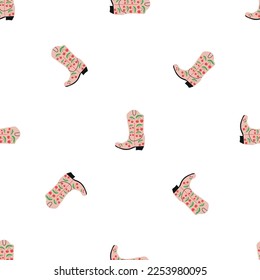 Cowboy boots with ornament seamless pattern. Wild west theme. Hand drawn colored trendy vector illustration on white background