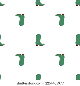 Cowboy boots with ornament seamless pattern. Wild west theme. Hand drawn colored trendy vector illustration on white background