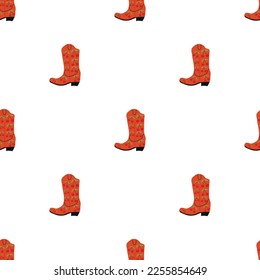 Cowboy boots with ornament seamless pattern. Wild west theme. Hand drawn colored trendy vector illustration on white background