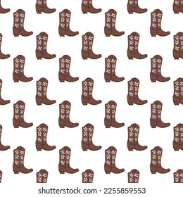 Cowboy boots with ornament seamless pattern. Wild west theme. Hand drawn colored trendy vector illustration on white background