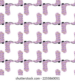 Cowboy boots with ornament seamless pattern. Wild west theme. Hand drawn colored trendy vector illustration on white background