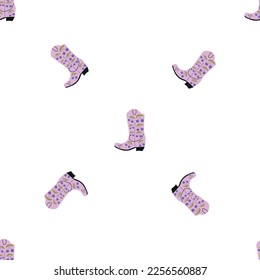 Cowboy boots with ornament seamless pattern. Wild west theme. Hand drawn colored trendy vector illustration on white background