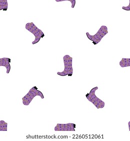 Cowboy boots with ornament seamless pattern. Wild west theme. Hand drawn colored trendy vector illustration on white background
