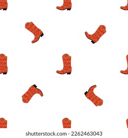 Cowboy boots with ornament seamless pattern. Wild west theme. Hand drawn colored trendy vector illustration on white background