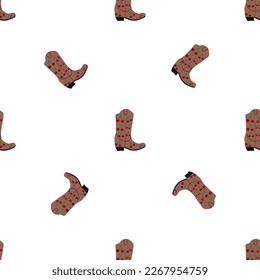 Cowboy boots with ornament seamless pattern. Wild west theme. Hand drawn colored trendy vector illustration on white background