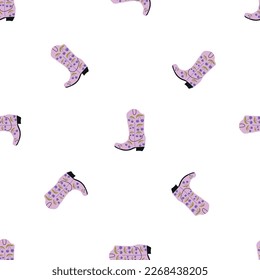 Cowboy boots with ornament seamless pattern. Wild west theme. Hand drawn colored trendy vector illustration on white background