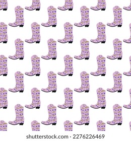 Cowboy boots with ornament seamless pattern. Wild west theme. Hand drawn colored trendy vector illustration on white background
