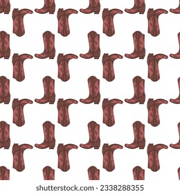 Cowboy boots with ornament seamless pattern. Wild west theme. Hand drawn colored trendy vector illustration on white background