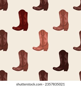 Cowboy boots with ornament seamless pattern. Wild west theme. Hand drawn colored trendy vector illustration on color background