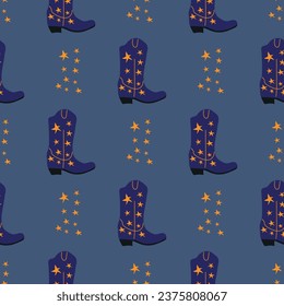 Cowboy boots with ornament seamless pattern. Wild west theme. Hand drawn colored trendy vector illustration on color background