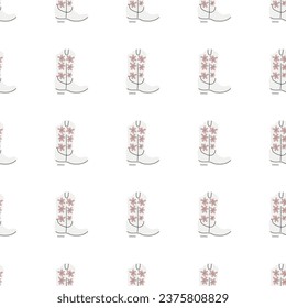 Cowboy boots with ornament seamless pattern. Wild west theme. Hand drawn colored trendy vector illustration on white background