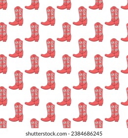 Cowboy boots with ornament seamless pattern. Wild west theme. Hand drawn colored trendy vector illustration on white background