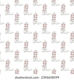 Cowboy boots with ornament seamless pattern. Wild west theme. Hand drawn colored trendy vector illustration on white background