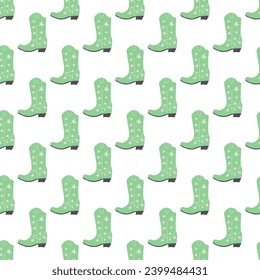 Cowboy boots with ornament seamless pattern. Wild west theme. Hand drawn colored trendy vector illustration on white background