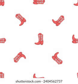 Cowboy boots with ornament seamless pattern. Wild west theme. Hand drawn colored trendy vector illustration on white background