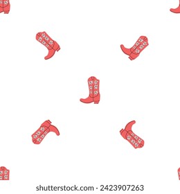 Cowboy boots with ornament seamless pattern. Wild west theme. Hand drawn colored trendy vector illustration on white background