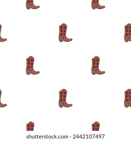 Cowboy boots with ornament seamless pattern. Wild west theme. Hand drawn colored trendy vector illustration on white background