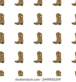 Cowboy boots with ornament seamless pattern. Wild west theme. Hand drawn colored trendy vector illustration on white background