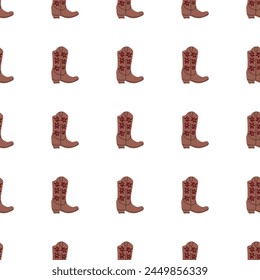 Cowboy boots with ornament seamless pattern. Wild west theme. Hand drawn colored trendy vector illustration on white background