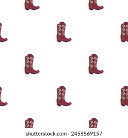 Cowboy boots with ornament seamless pattern. Wild west theme. Hand drawn colored trendy vector illustration on white background