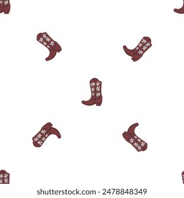 Cowboy boots with ornament seamless pattern. Wild west theme. Hand drawn colored trendy vector illustration on white background