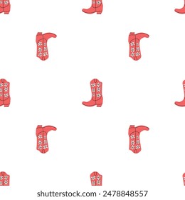 Cowboy boots with ornament seamless pattern. Wild west theme. Hand drawn colored trendy vector illustration on white background