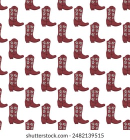 Cowboy boots with ornament seamless pattern. Wild west theme. Hand drawn colored trendy vector illustration on white background