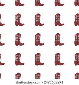 Cowboy boots with ornament seamless pattern. Wild west theme. Hand drawn colored trendy vector illustration on white background