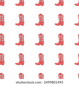 Cowboy boots with ornament seamless pattern. Wild west theme. Hand drawn colored trendy vector illustration on white background