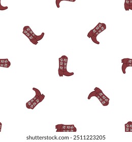 Cowboy boots with ornament seamless pattern. Wild west theme. Hand drawn colored trendy vector illustration on white background