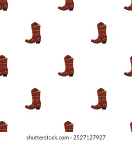 Cowboy boots with ornament seamless pattern. Wild west theme. Hand drawn colored trendy vector illustration on white background