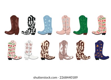 Cowboy boots with ornament. Wild West theme. Hand drawn colored trendy Vector isolated illustration.