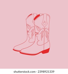 Cowboy boots with ornament. Wild west, western fashion style. Outline vector illustration on pink background. Design for baner, postcard, poster or sticker. All elements are isolated