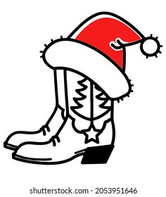 Cowboy boots with red Santa hat decoration isolated on white background. Vector printable graphic illustration.