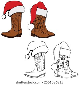 Cowboy boots with santa hat vector illustration.