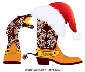 Cowboy boots and Santa's red hat on white for design