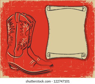 Cowboy boots and scroll paper background for text